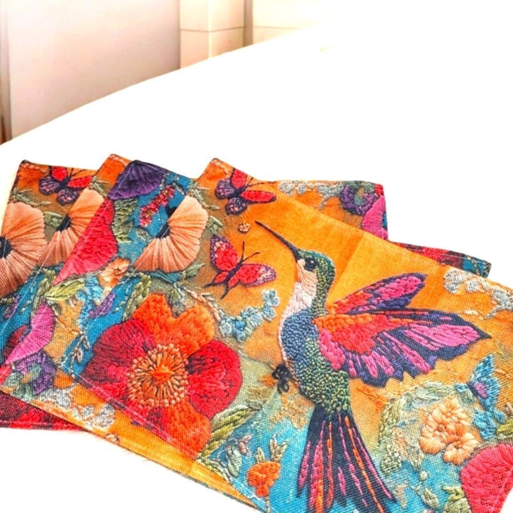 Colorful Hummingbird and Floral Linen Print Placemats 4pcs.